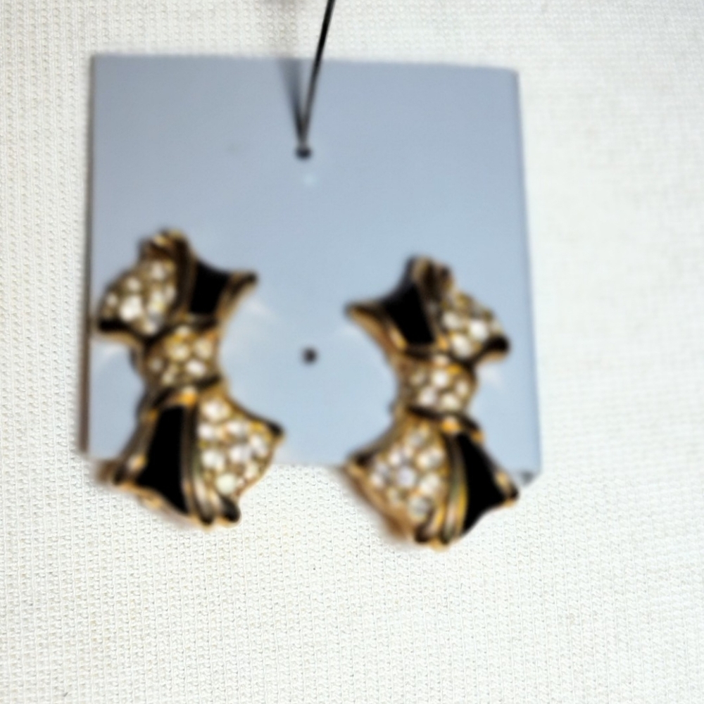 Elegant Gold and Black Bow Bling Crystal Clip Earrings